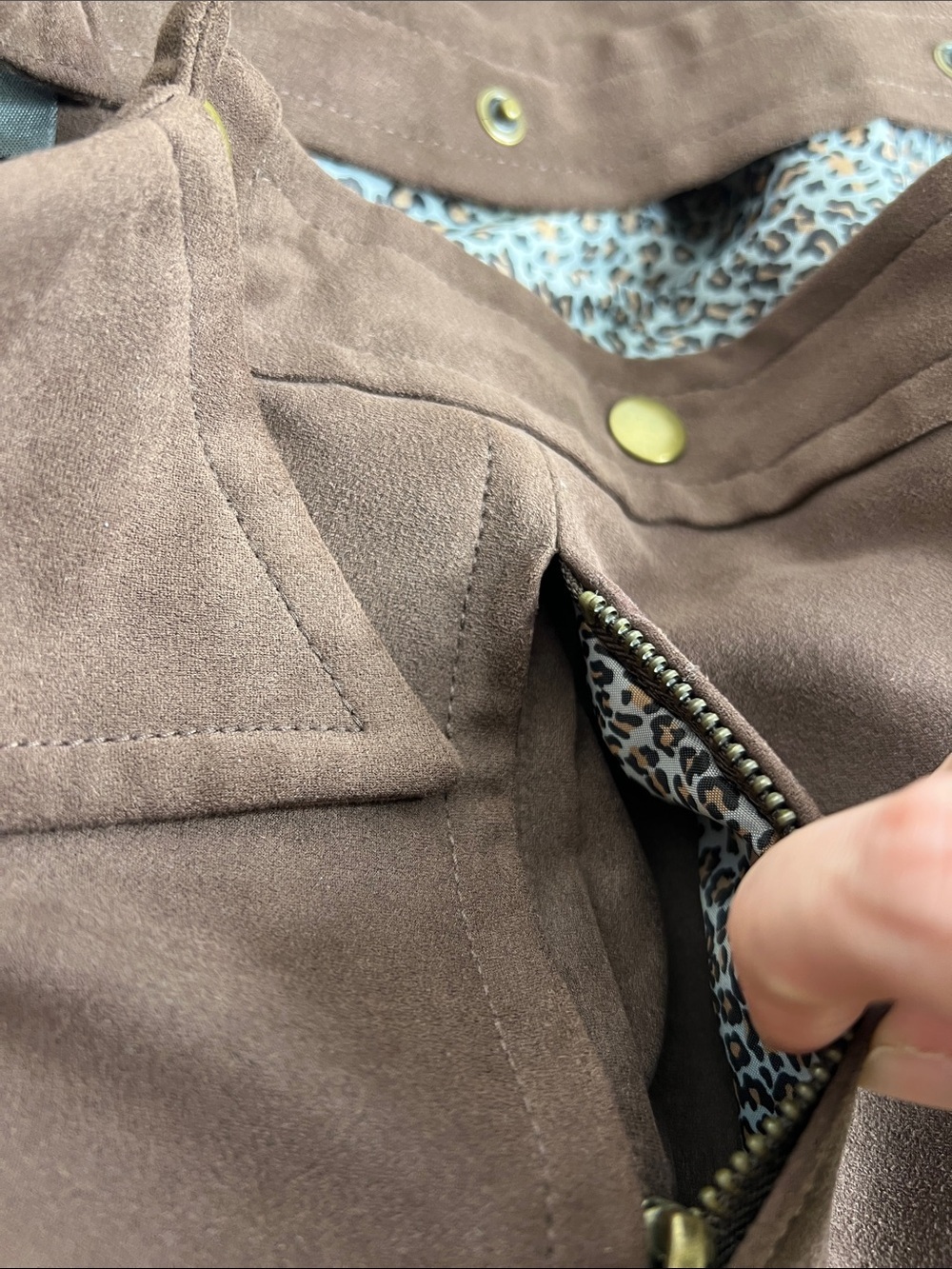 Anthracite by Muse Brown Faux Suede Utility Jacket Women’s Size 4 Leopard Lined - Picture 7 of 9